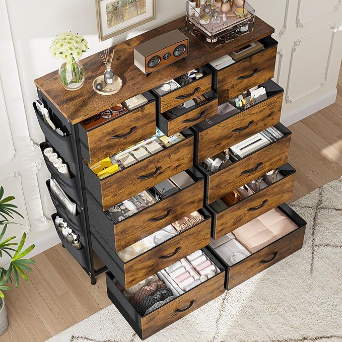 EnHomee Dresser for Bedroom with 12 Drawers, Tall Dressers & Chest of Drawers with Side Pockets, Fabric Dresser for Bedroom, Closet, Hallway, Living Room, Sturdy Metal Frame, Wood Top, Rustic Brown