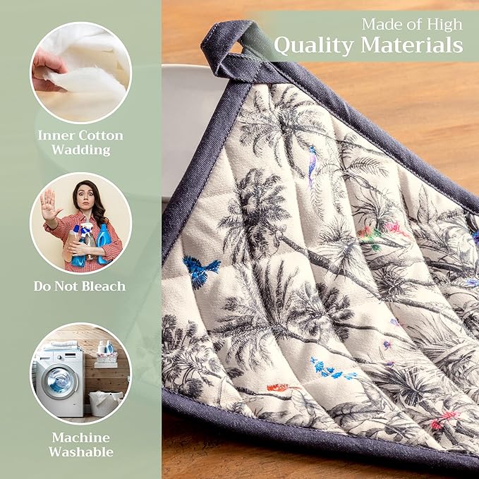Maison d' Hermine Pot Holders Set 100% Cotton Heat Resistant Potholders 8" x 8" Hot Pads with Loop for Thanksgiving Christmas Decorations BBQ Cooking Baking Handling Hot Pans (Pack of 2, Amazonia)