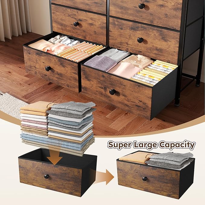 Dresser for Bedroom with 12 Drawers Tall Dressers for Bedroom Fabric Dressers & Chest of Drawers with Sturdy Metal Frame, Wood Top, for Woman, Closet, 40.6" W x 11.8" D x 44.5" H (Rustic Brown)