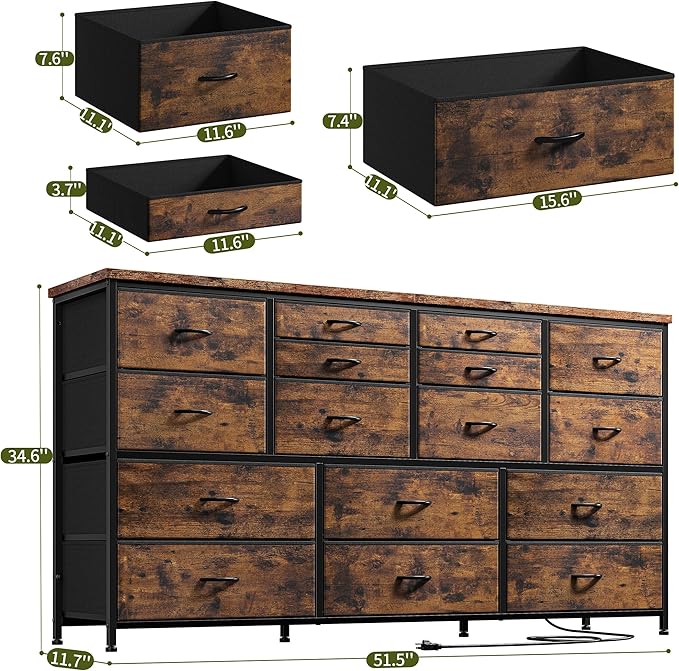EnHomee Dressser for Bedroom Dresser with 16 Drawers TV Stand for Bedroom for 60" TV Long Dressers & Chests of Drawers Large Dresser with Charging Station, 51.5" W*11.7" D*34.6" H, Rustic Brown