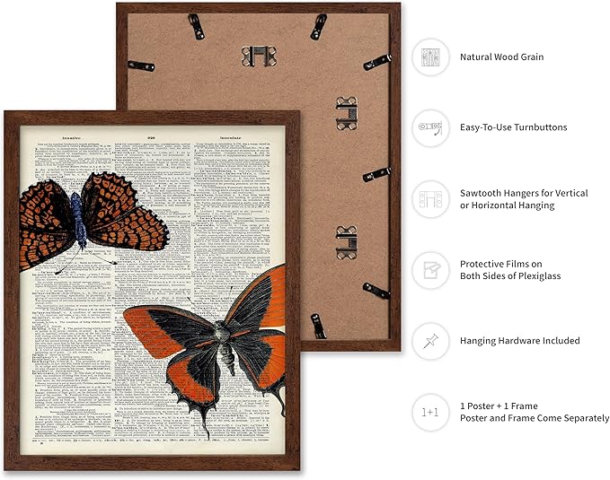 Poster Master Dictionary Art Poster - Butterflies Print - Moth Art - Butterfly Art - Insect Art - Gift for Men, Women & Animal Lover - Chic Decor for Living Room or Bedroom, 11x14 Brown Framed