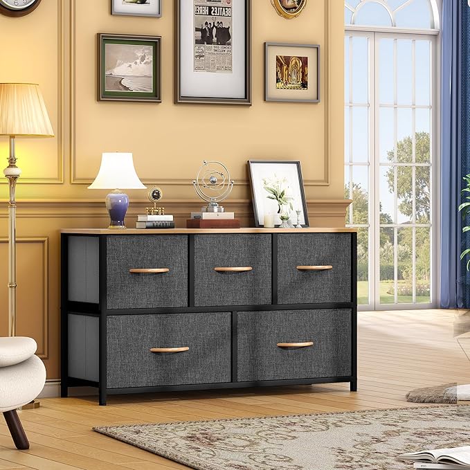 DWVO Dresser for Bedroom with 5 Drawers - Fabric Storage Tower, Long Fabric Dresser, Organizer Unit for Bedroom, Closet, Hallway