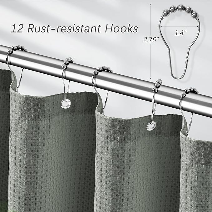 Shower Curtain Gray Waterproof Waffle Weave Fabric, 256GSM Heavy Duty Thick Shower Curtain Set for Bathroom, Hotel Spa Luxury Modern Shower Curtains with 12 Metal Hooks, 72Wx80H Grey