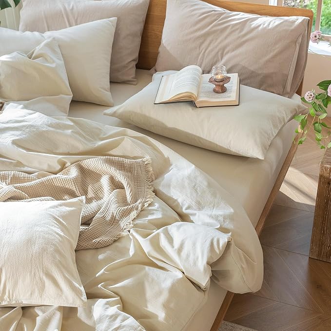 MooMee Bedding Duvet Cover Set 100% Washed Cotton Linen Like Textured Breathable Durable Soft Comfy (Heathered Almond Milk Grey, Alaska King 132"x120")
