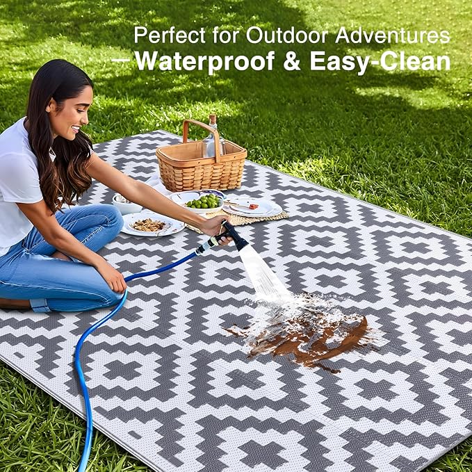 OLANLY Waterproof Outdoor Rug 5x8 ft, Outdoor Plastic Straw Rug for Camping, RV Mat Outside, Outdoor Carpet for Porch, Deck, Backyard, Balcony, Picnic, Grey & White