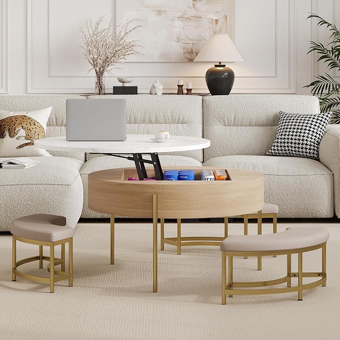 WILLIAMSPACE 31.5" Lift Top Coffee Table Set with Storage & 3 Upholstered Nesting Ottoman, Modern Round Marble Coffee Table Accent Center Table for Living Room, Apartment, White & Natural