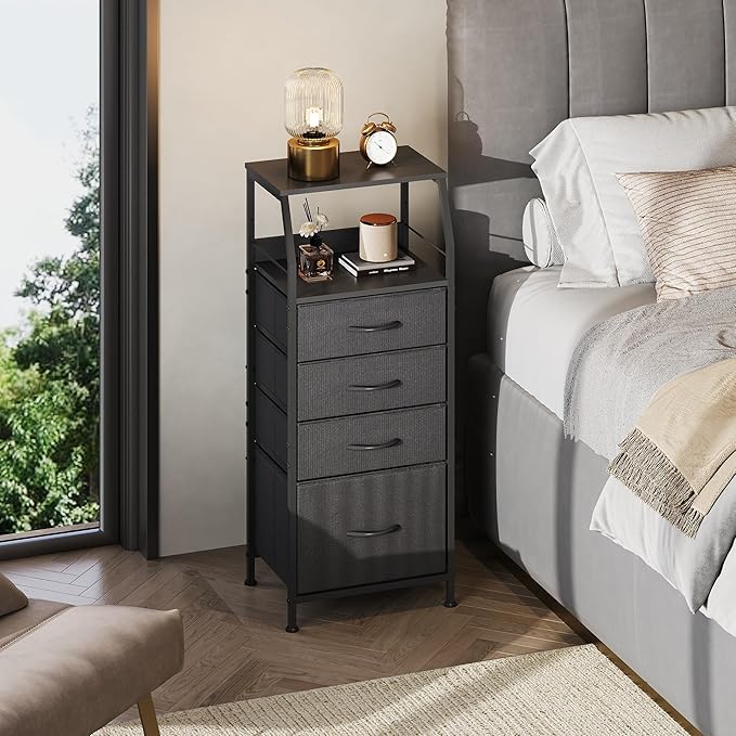 WLIVE Tall Nightstand with 4 Fabric Drawers & Open Shelf, Bedside Table for Bedroom, Modern Tall Dresser, Classic Black