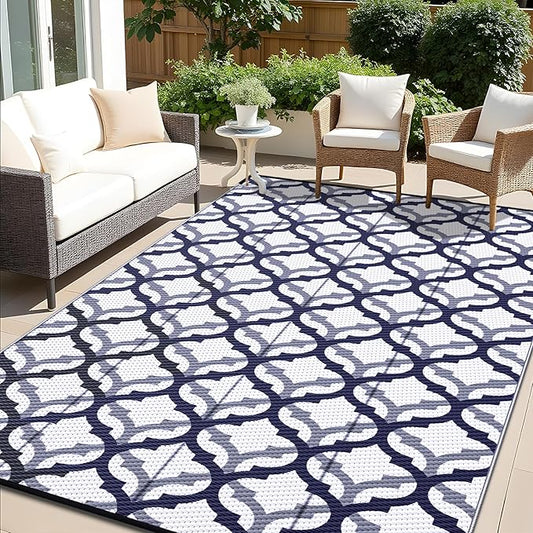 OLANLY Reversible Outdoor Rug 9x12 ft Clearance, Waterproof Outdoor Plastic Straw Rug with Interlacing Pattern, RV Mat for Patio, Camping, Balcony, Deck, Backyard, Navy & White