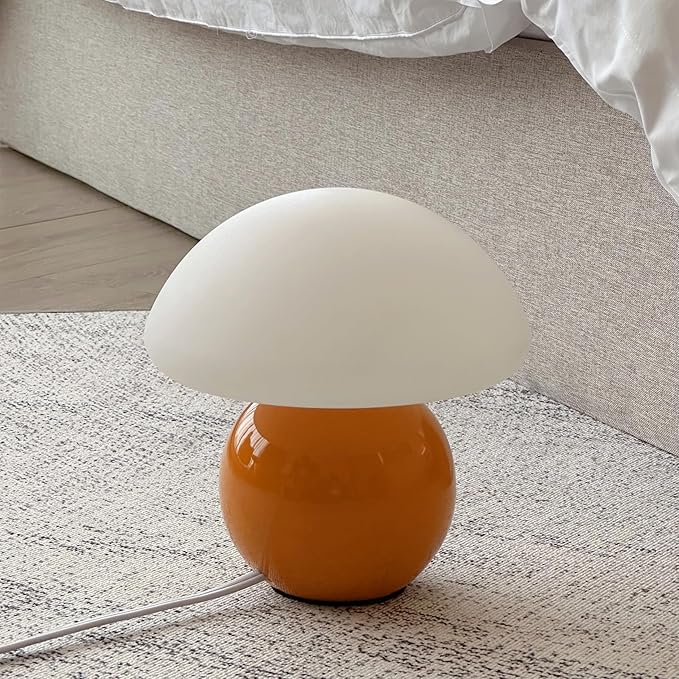 Mushroom Lamp Ceramic Base,Orange Cute 70s Mid Century Modern Decor Lamp for Bedroom,Small Abstract Table Bedside Glass Mood Coze Fun Warm Light