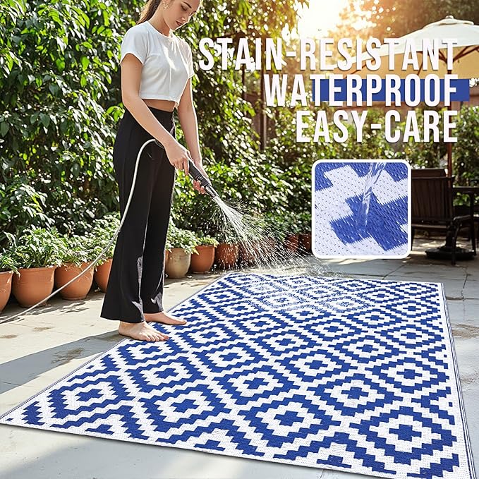 OLANLY Waterproof Outdoor Rug 4x6 ft, Outdoor Plastic Straw Rug for Camping, RV Mat Outside, Outdoor Carpet for Porch, Deck, Backyard, Balcony, Picnic, Blue & White