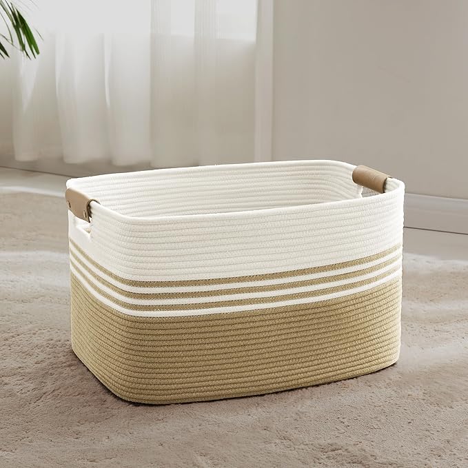 Laundry basket with leather handles for clothes,blankets,pillows,toys, towels,suitable for bedrooms and living rooms,cotton woven laundry hamper,extra large gift basket,(21"x15"x11",Khaki)