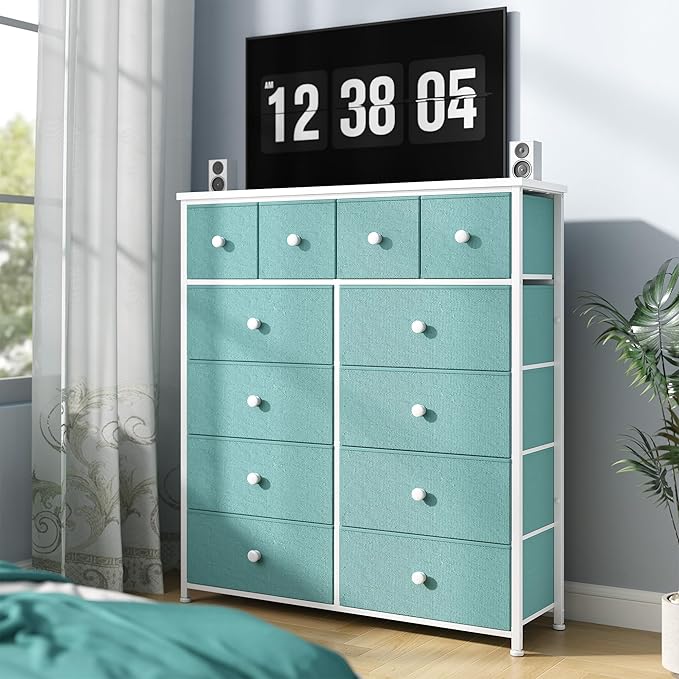 Dresser for Bedroom with 12 Drawers Tall Dressers for Bedroom Fabric Dressers & Chest of Drawers with Sturdy Metal Frame, Wood Top, for Woman, Closet, 40.6" W x 11.8" D x 44.5" H (Turquoise)