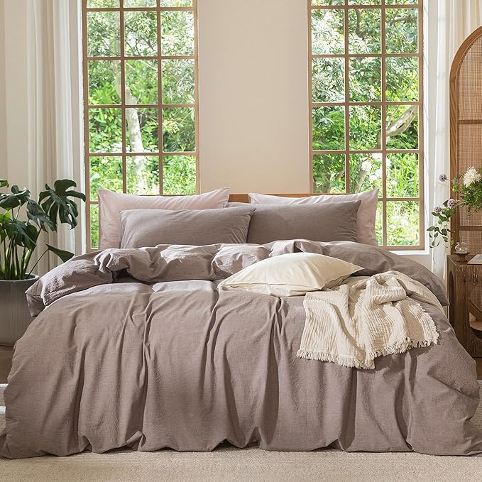MooMee Bedding Duvet Cover Set 100% Washed Cotton Linen Like Textured Breathable Durable Soft Comfy (Heathered Mauve Brown, Full 80"x90")