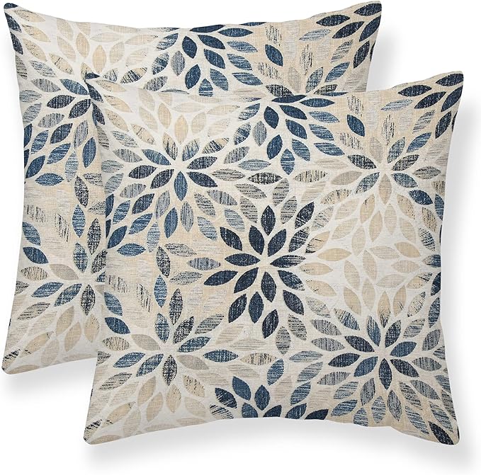 Dahlia Pillow Covers 22x22 Inch Set of 2 Summer Rust Geometric Flower Outdoor Decorative Throw Pillows Farmhouse Navy Blue Pillow Case Linen Square Cushion Cover for Home Sofa Bedroom Living Room