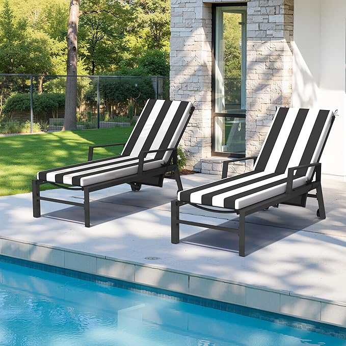 Crestlive Products Chaise Lounge Cushions Set of 2, Outdoor Cushions for Patio Furniture, Water Resistant Lounge Chair Cushion for Pool, Deck, Lawn, 80''L x 21''W, Black White Stripe