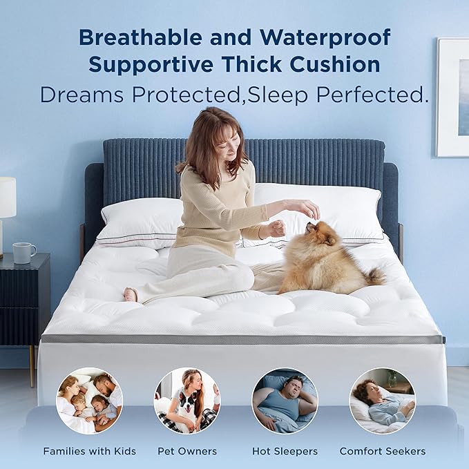 Bedsure Pillow Top King Mattress Topper - King Mattress Protector with 8-21 Inches Deep Pocket, 800 GSM Extra Thick Waterproof Bed Pad Fitted, Soft Bed Cover for Home, Bedroom, Hotel - White