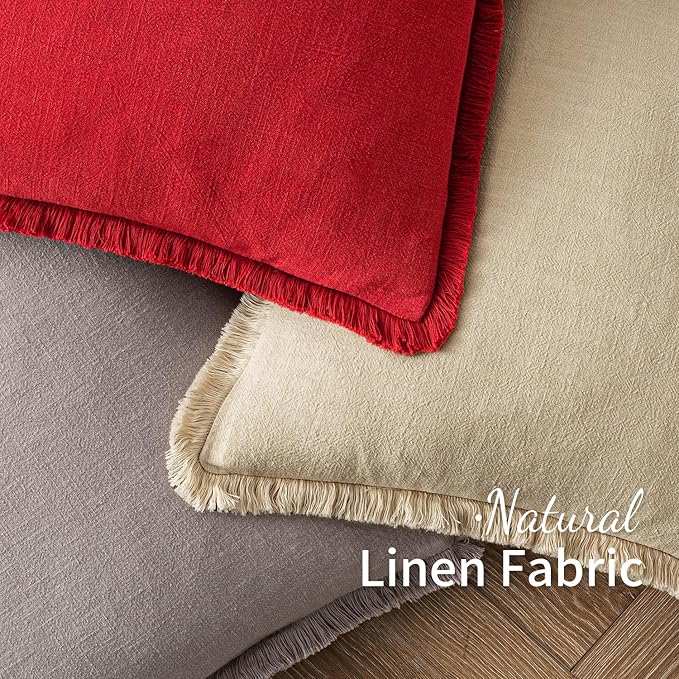 MIULEE Decorative Throw Pillow Covers Neutral Linen Fringe Throw Pillows Euro Shams Set of 2 Red Boho Farmhouse Cushion Covers with Tassels for Couch Sofa Bed Living Room Spring Home Decor 24x24 Inch