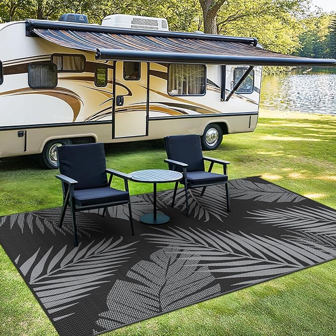 Outdoor Rug 6’x9’ Waterproof for Patio Clearance, Reversible Indoor Outdoor Plastic Straw Camping Rug Carpet, RV Mat, Large Area Rug for Deck, Backyard, Balcony, Porch, Beach, Black & Grey