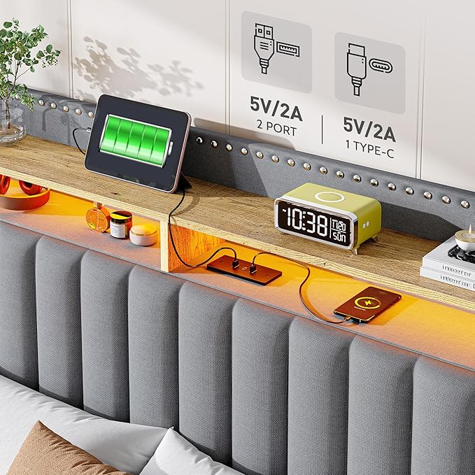 EnHomee Queen Bed Frame with 2 Storage Drawers, Upholstered Platform Bed with LED Lights and Charging Station, Sturdy Wooden Slats Support, No Box Spring Needed, Noise Free, Grey