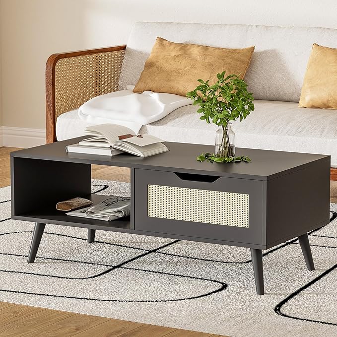 Black Rattan Coffee Table, Mid Century Modern with Drawer & Shelf, 39'' Wooden Boho Coffee Table for Living Room