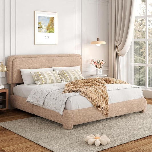 Queen Bed Frame with Headboard Adjustable, Boucle Upholstered Platform Bed Frame Queen Size, Anti-Collision Soft Rounded Corners, No Box Spring Needed, Noise-Free, Easy Assembly, Brown