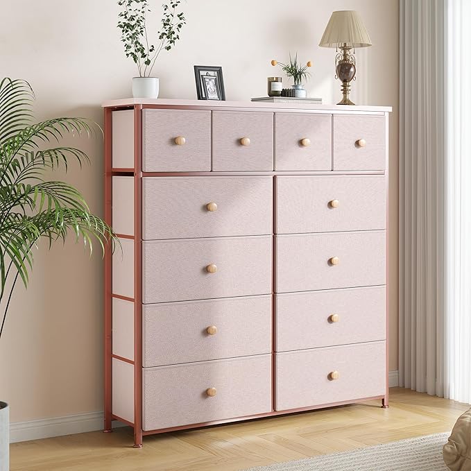 Dresser for Bedroom with 12 Drawers Tall Dressers for Bedroom Fabric Dressers & Chest of Drawers with Sturdy Metal Frame, Wood Top, for Woman, Closet, 40.6" W x 11.8" D x 44.5" H (Pink)