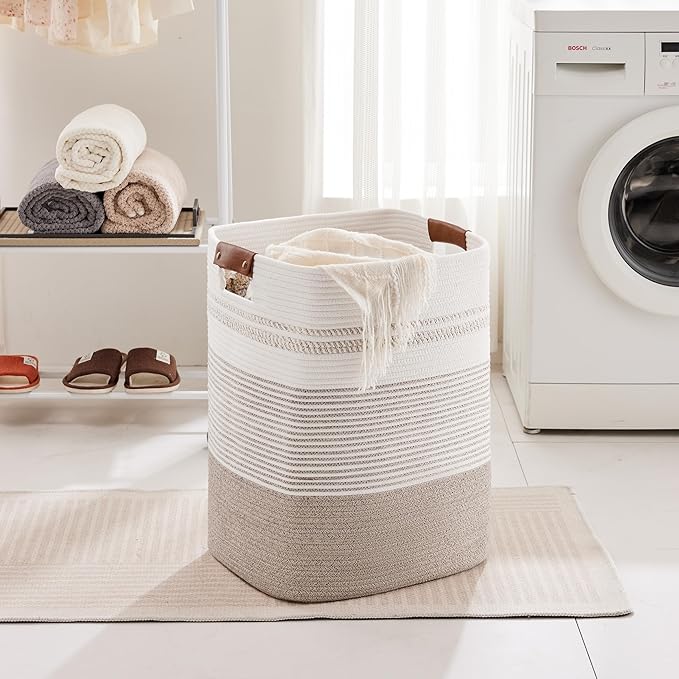 Laundry Hamper 85L Large Blanket Storage, Basket Blankets Living Room, Toys, Towel, Dirty Clothes in Bathroom, Bedroom, Tall Laundry Basket with Leather Handles, 17"x14"x22", Beige Brown