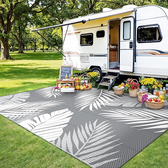 Outdoor Rug 4’x6’ Waterproof for Patio Clearance, Reversible Indoor Outdoor Plastic Straw Camping Rug Carpet, RV Mat, Large Area Rug for Deck, Backyard, Balcony, Porch, Beach, Grey & White