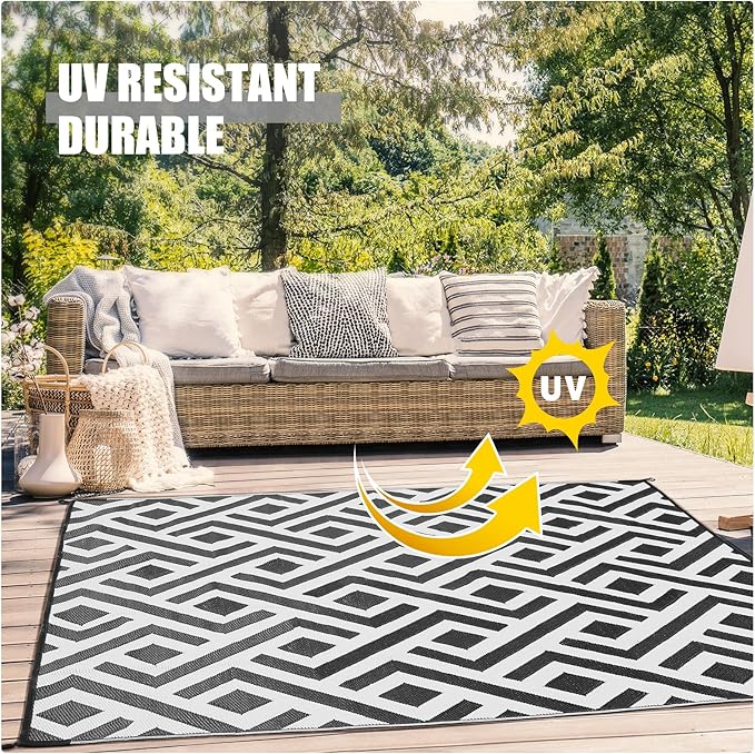 Terrug Outdoor Rug Waterproof 4x6 Ft, Foldable Outdoor Plastic Straw Rug, UV Reversible Patio Rug Decor, Outdoor Area Rug for Camping, RV, Porch, Deck, Backyard, Balcony, Picnic, Black & Light Grey