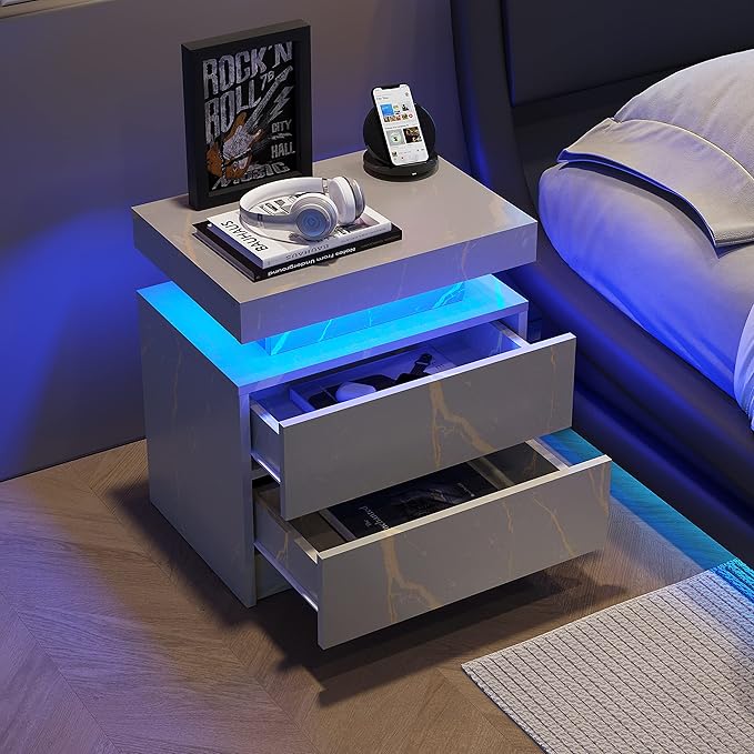 LED Nightstands, Bedside Table with 2 Drawers, Side Table with Changing RGB Light & Remote, Modern Bedroom Furniture, Grey Marble Pattern