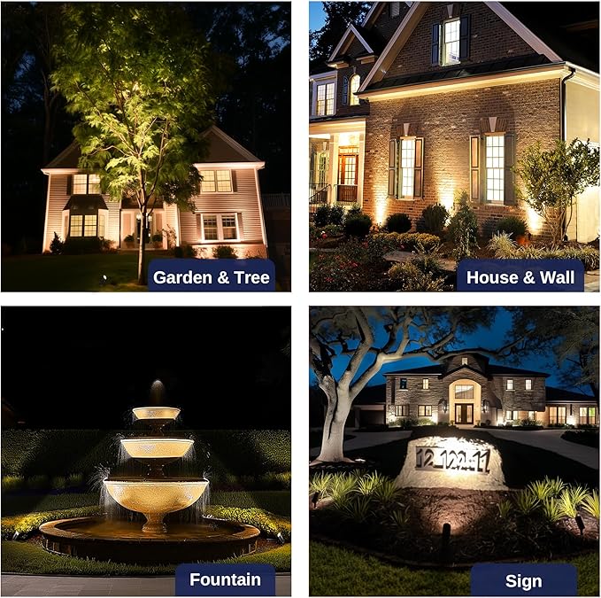 Brass Landscape Lighting - Black Low Voltage Spotlights Outdoor LED, 12V Wired Uplights, Waterproof Spot Lights for Outside Trees with 5W 2700K Warm White MR16 Bulb (4 Pack)