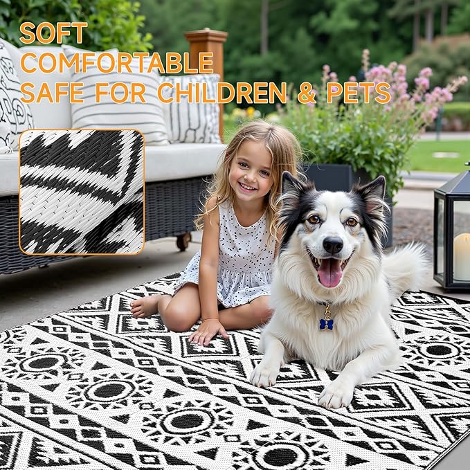 Outdoor Rug Waterproof 9x12 ft, Reversible Outdoor Plastic Straw Rug Patio Rug, RV Rugs for Outside, Outdoor Carpet for Patio Camping Deck Balcony Backyard, Black & White