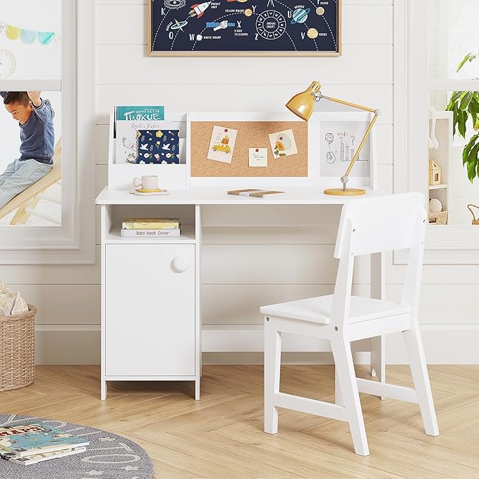 UTEX Kids Study Desk with Chair, Wooden Children School Study Table with Hutch and Chair for 3-8 Years Old, Student's Study Computer Workstation & Writing Table for Home School Use