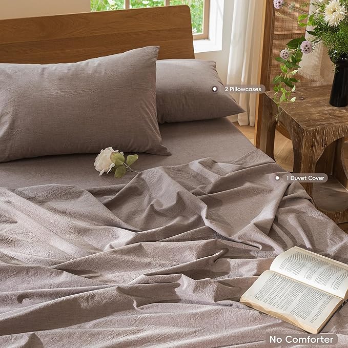 MooMee Bedding Duvet Cover Set 100% Washed Cotton Linen Like Textured Breathable Durable Soft Comfy (Heathered Mauve Brown, Full 80"x90")