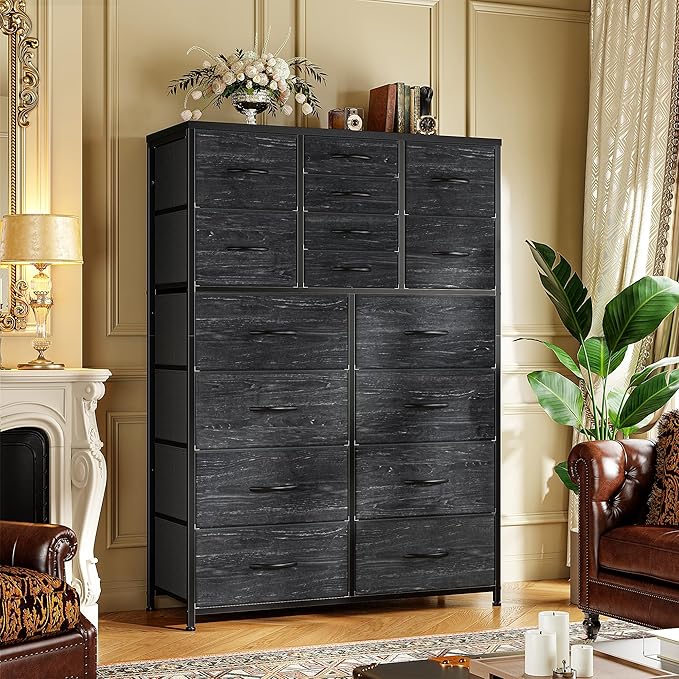 57“H Tall Dresser for Bedroom with 16 Drawers,Fabric Dressers & Chests of Drawers for Closet,Large Black Dresser with Sturdy Metal Frame, Wood Top,Entryway, Hallway