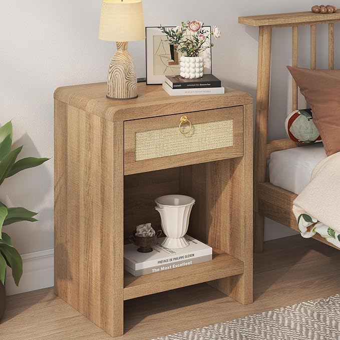 Rattan Nightstand Bedside Table, Nightstand with Charging Station, Boho End Table with Drawer and Storage Shelf, Wood End Tables Night Stand for Bedroom, Small Space, Natural Oak