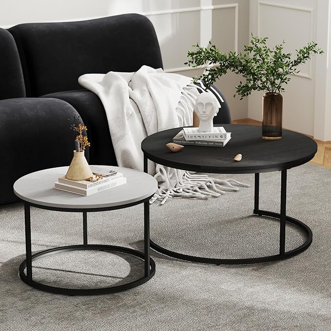 Nesting Tables Set of 2, 31.5" Round Coffee Table, Small Nesting Coffee Table with Adjustable Non-Slip Fee, Wood Grain Top Nesting Tables for Living Room, Bedroom (Wood Grain Black&White)