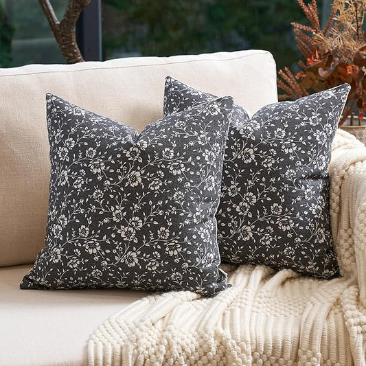 Alerfa Set of 2 Floral Pillow Covers 20x20, Vintage Block Print Throw Pillow Covers Decorative Farmhouse Accent Couch Pillows for Living Room Bedroom, Black
