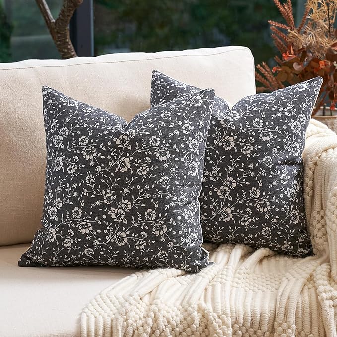 Alerfa Set of 2 Floral Pillow Covers 18x18, Vintage Block Print Throw Pillow Covers Decorative Farmhouse Accent Couch Pillows for Living Room Bedroom, Black
