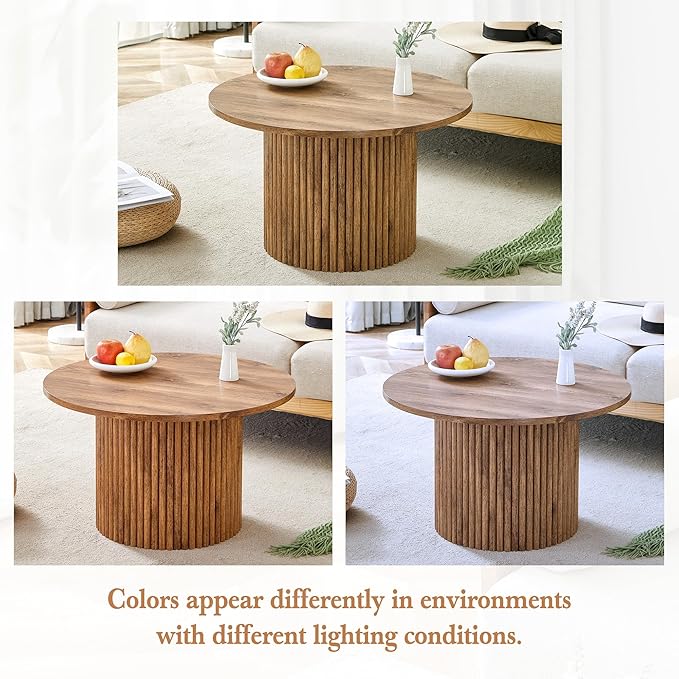 WILLIAMSPACE 27.5" Round Coffee Table with Ylindrical Leg, Modern Farmhouse Wood Circlar Center Table Accent Side End Table for Living Room Apartment, Natural