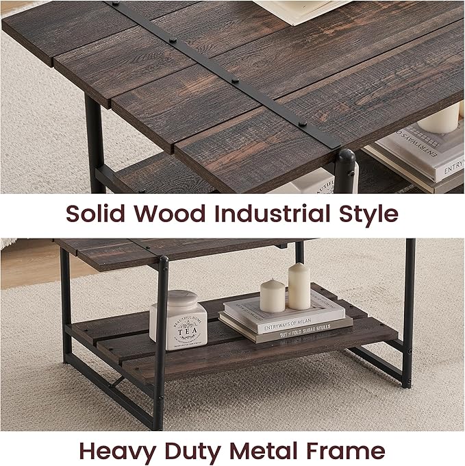 2-Tier Farmhouse 41'' Large Gray Wood Coffee Table with Storage Shelf -Modern Rustic Metal Rectangle Center Living Room Coffee Table Accent Furniture for Home Office,Easy Assembly(Dark Rustic Oak)