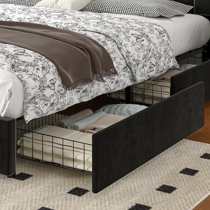 VECELO King Size Upholstered Bed Frame with 4 Drawers and Headboard, Velvet Platform Storage Bedframe, Wooden Slats Support, No Box Spring Needed,Black