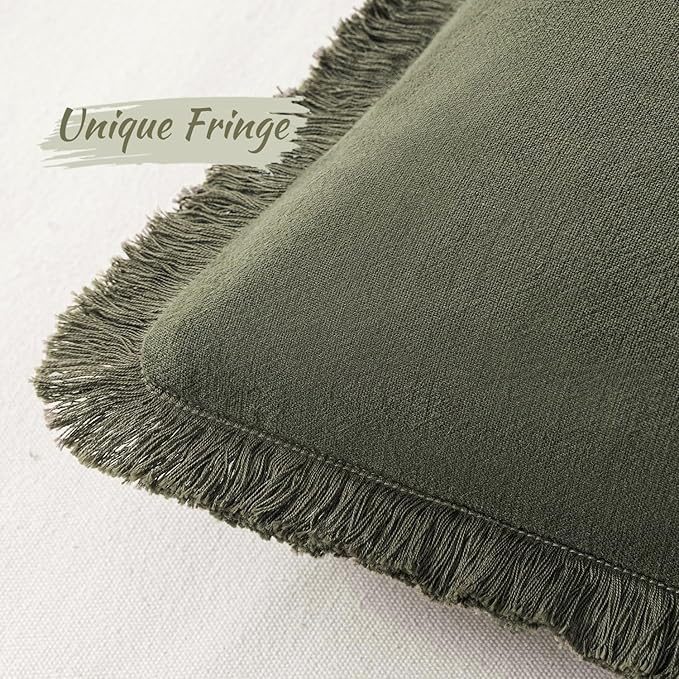 MIULEE Decorative Throw Pillow Covers Neutral Linen Fringe Throw Pillows Euro Shams Set of 2 Olive Green Boho Farmhouse Cushion Covers for Couch Sofa Bed Living Room Spring Home Decor 22x22 Inch