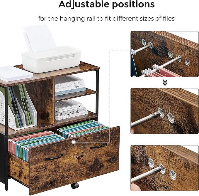VASAGLE Lateral File Cabinet for Home Office, Filing Cabinet with Open Shelves and Drawer, for A4, Letter and Legal Sized Documents, Printer Stand, Rustic Brown and Ink Black UOFC043B01