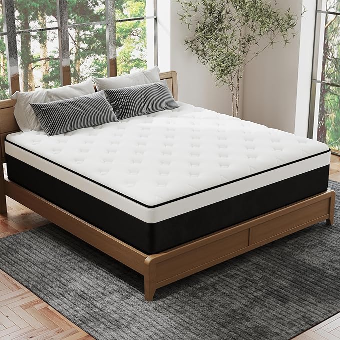 King Mattress, 12 Inch King Hybrid Mattress in a Box with Memory Foam, Medium Firm, Euro Top, Reinforced Edge Support, Pressure Relief & Motion Isolation, CertiPUR-US Certified