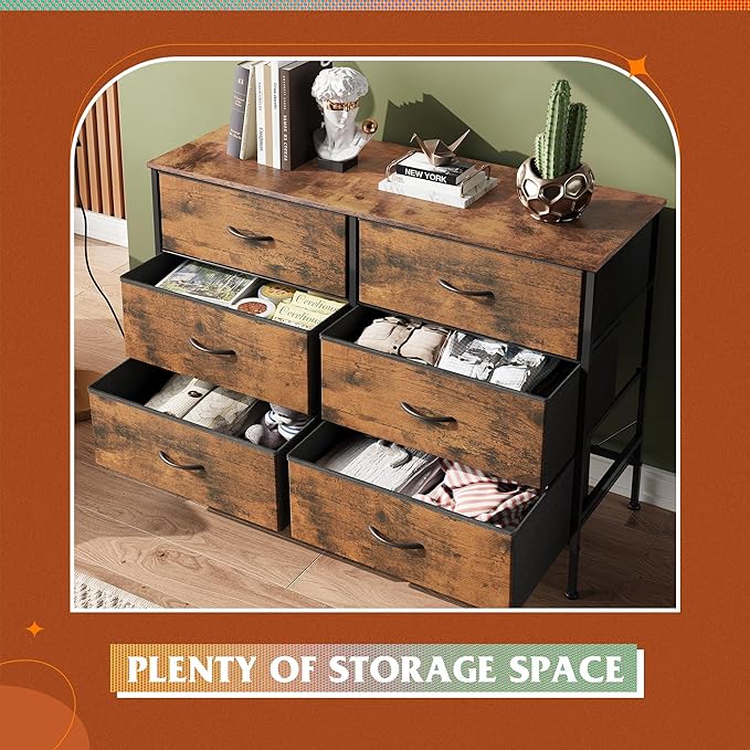 WLIVE Dresser for Bedroom with 6 Drawers, Wide Fabric Dresser TV Stand for 50 Inches TV, with Metal Frame, Wooden Top, Fabric Storage Dresser for Bedroom, Hallway, Entryway, Rustic Brown