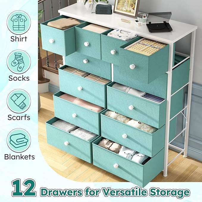 Dresser for Bedroom with 12 Drawers Tall Dressers for Bedroom Fabric Dressers & Chest of Drawers with Sturdy Metal Frame, Wood Top, for Woman, Closet, 40.6" W x 11.8" D x 44.5" H (Turquoise)
