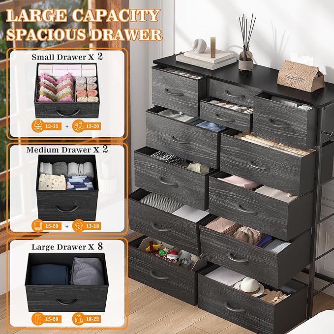 Lulive Black Dresser for Bedroom with 12 Drawers, Tall Dressers Chest of Drawers with Side Pockets and Hooks, Fabric Dresser Storage Tower for Closet, Hallway, Living Room (Black White Stripes)