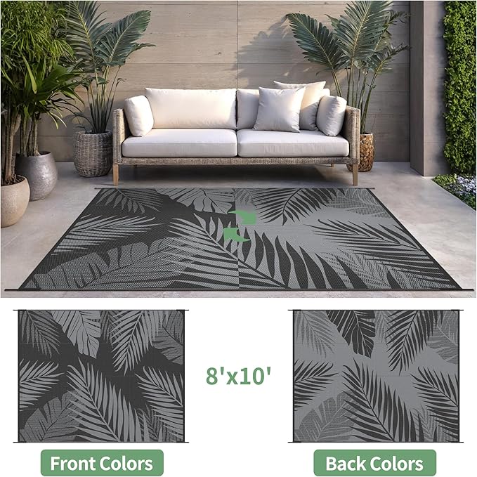 Outdoor Rug 8’x10’ Waterproof for Patio Clearance, Reversible Indoor Outdoor Plastic Straw Camping Rug Carpet, RV Mat, Large Area Rug for Deck, Backyard, Balcony, Porch, Beach, Black & Grey