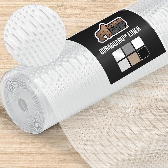 GORILLA GRIP DuraGuard Shelf Liner, Non-Adhesive Cabinet Liners for Kitchen Drawers, Shelves, Refrigerator, Pantry Storage, Bathroom Closet, Durable Waterproof BPA Free Ribbed Plastic, 12x20 Clear